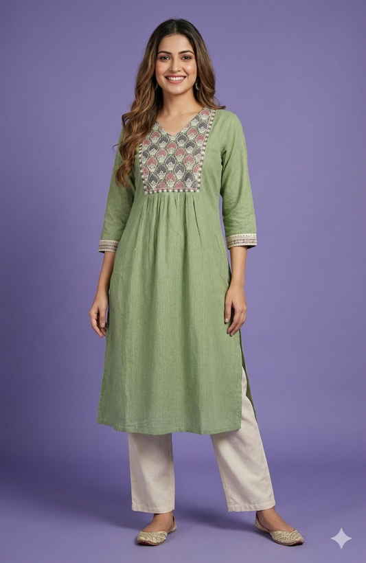 Green V Neck Cotton Kurta