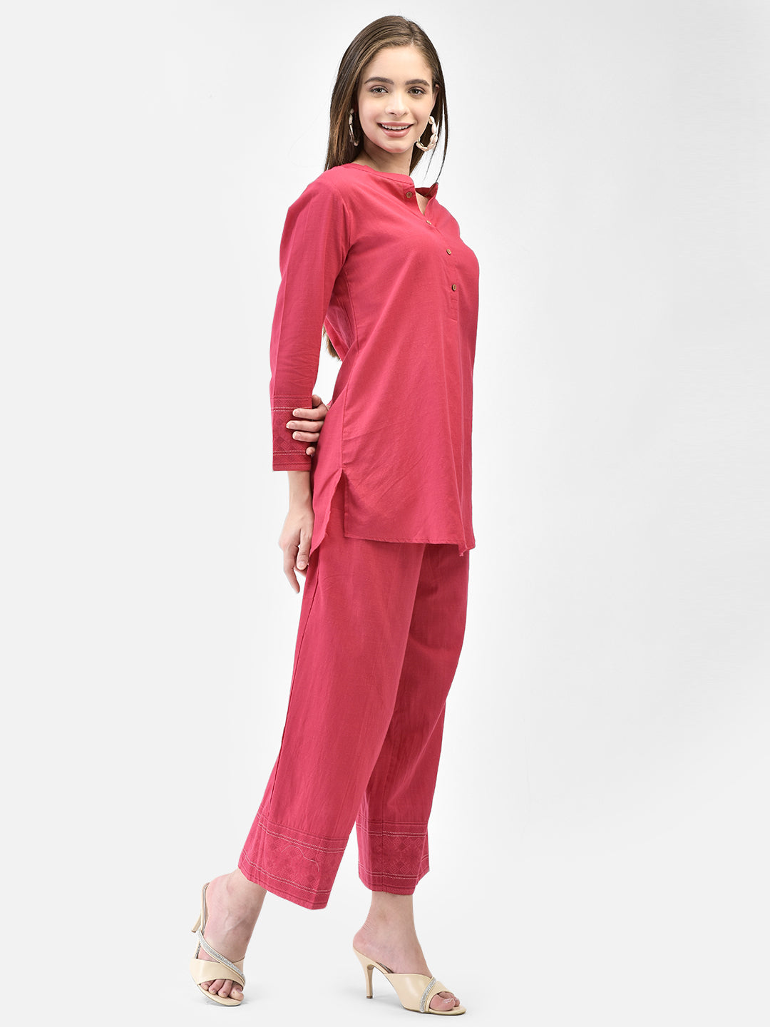 Span Pink Mandarin Cotton Co-Ord Set(Set of 2)