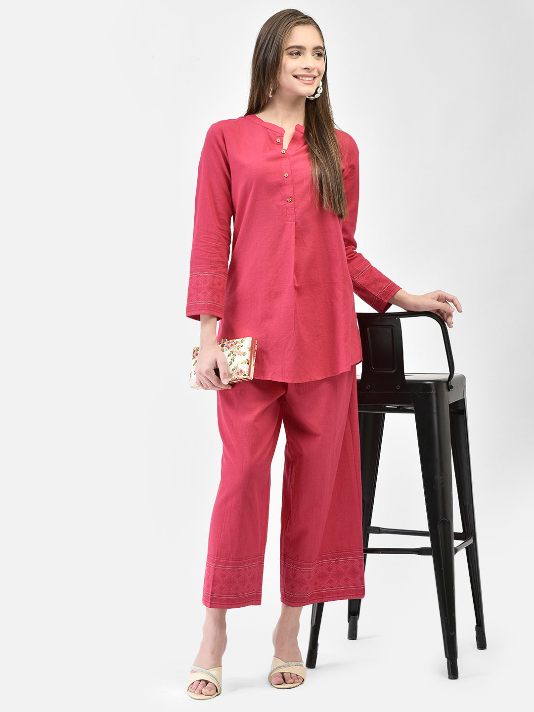Span Pink Mandarin Cotton Co-Ord Set(Set of 2)