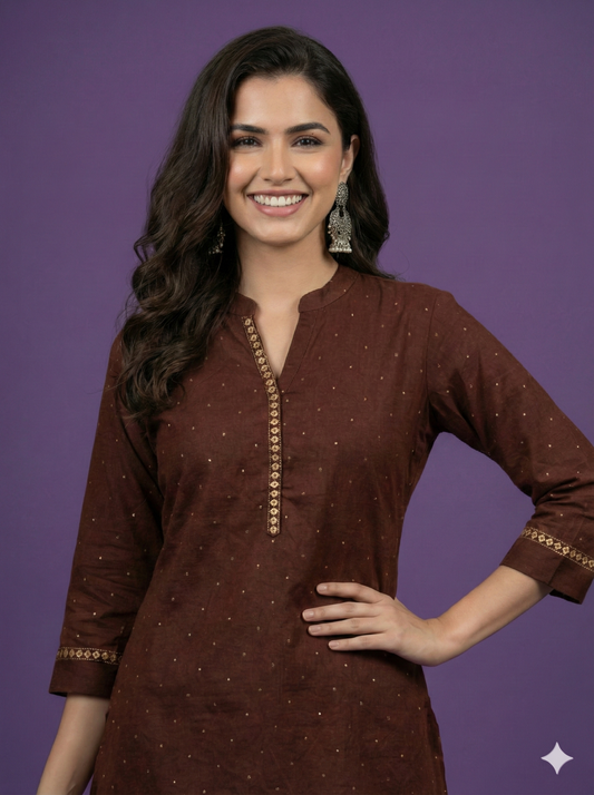 Brown Collard Cotton Short Kurta