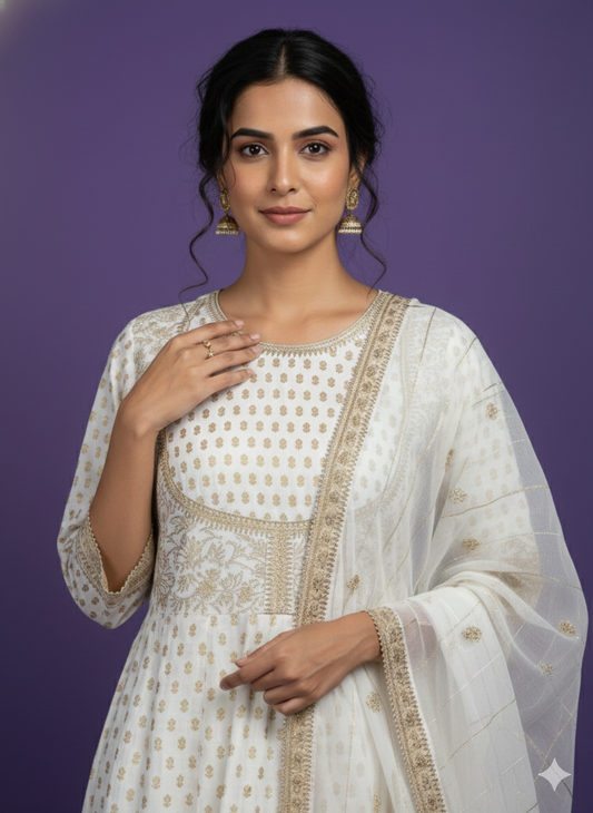 White Round Neck Silk Kurta Set with Dupatta