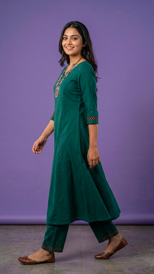 Green V Neck Slik Cord Set
