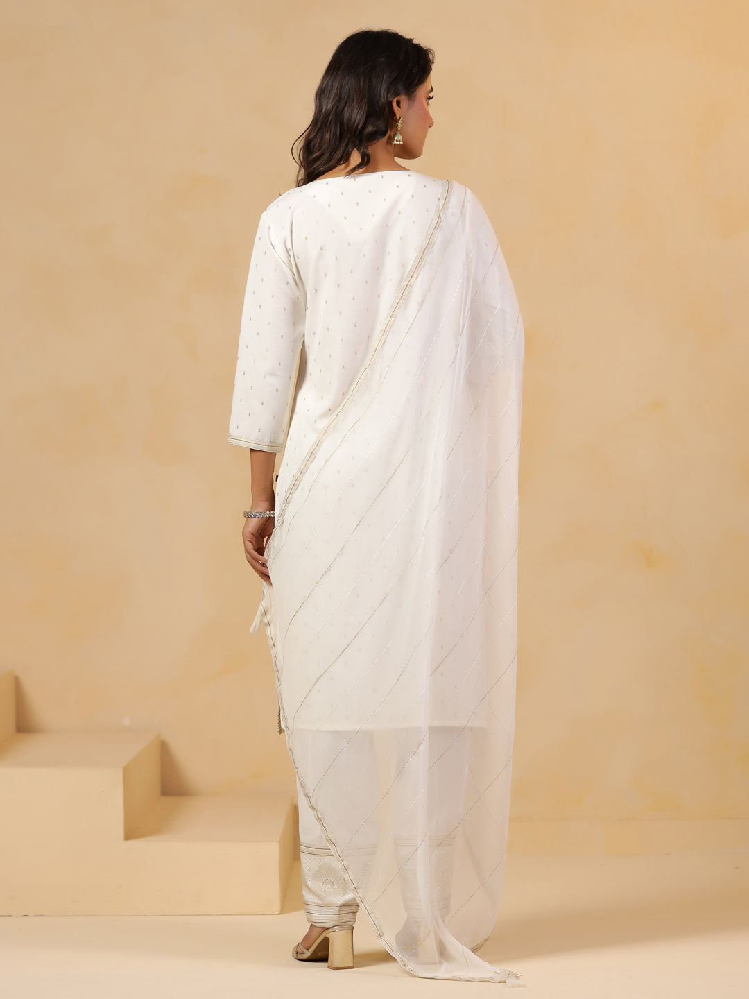 Span White Round Neck Rayon Kurta Set with Dupatta