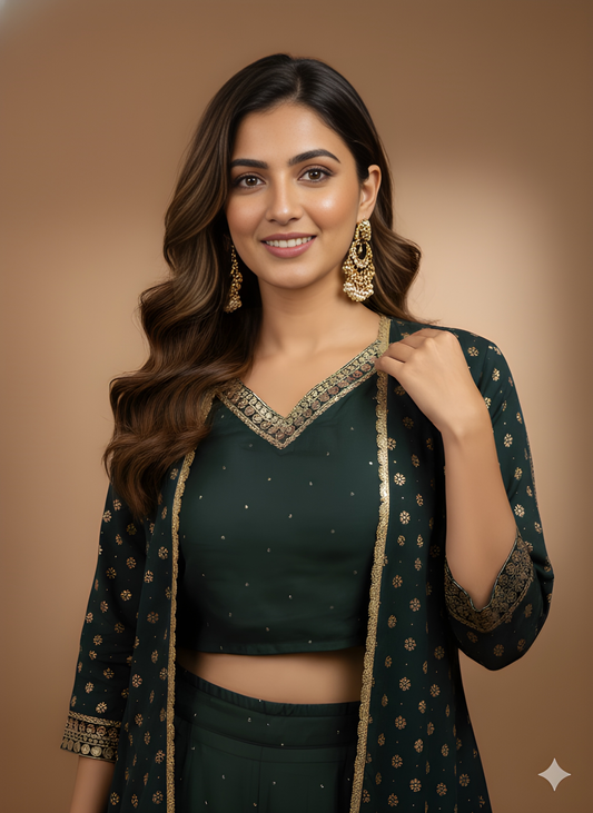 Green V Neck Silk 3PCS Set