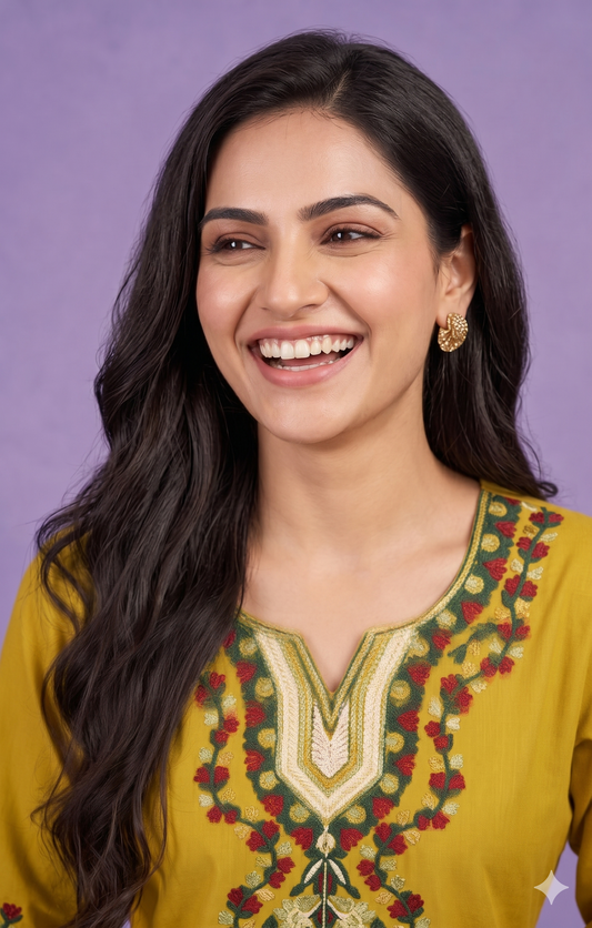 Yellow Round V Neck Cotton Kurta Set