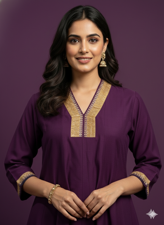 Purple V Neck Silk Kurta Set