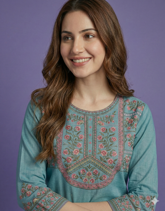 Blue Round Neck Short Kurta