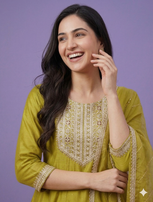 Green Round Neck Silk Gown