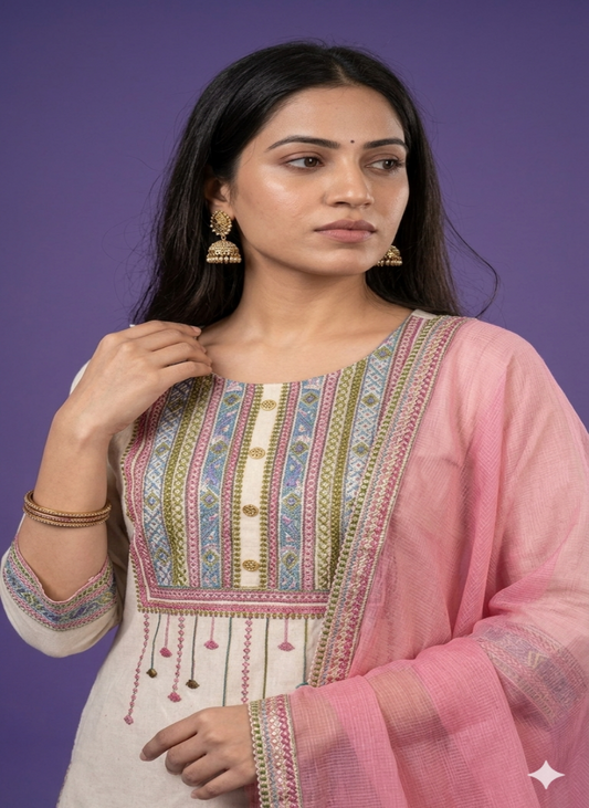 Embroidered Suit Set with Palazzo - 100% Cotton