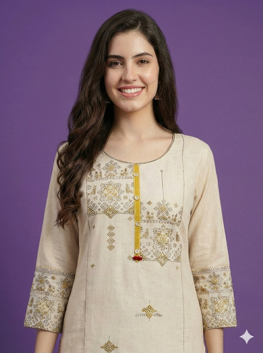Ivory Round Neck Cotton Kurta