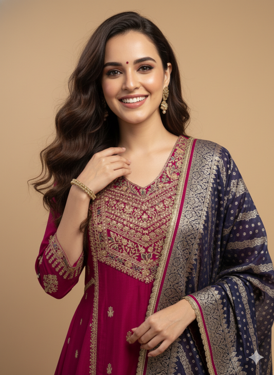 Pink V Neck Silk Kurta Set with Dupatta