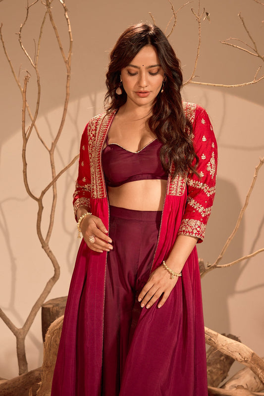 Crop Top - Palazzo with Embroidered Ombre Open Jacket Set