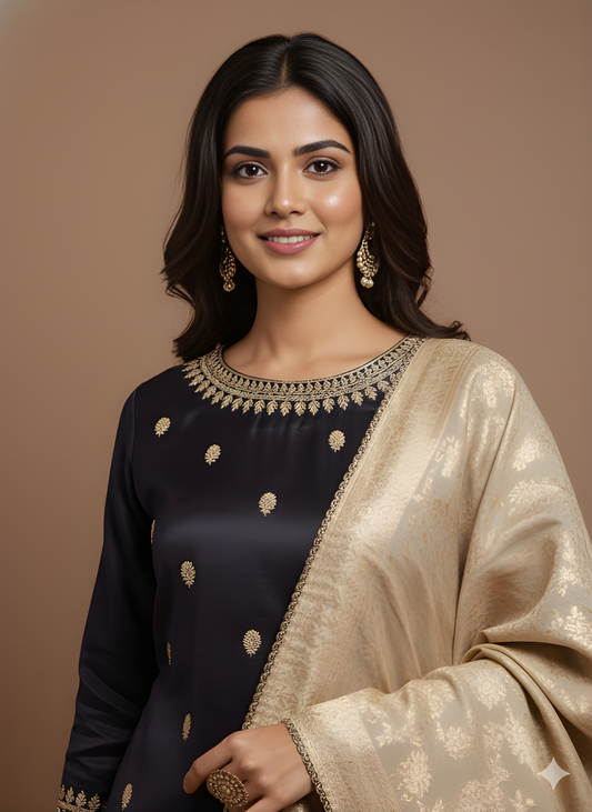 Purple Round neck Gazi Silk Kurta set with dupatta