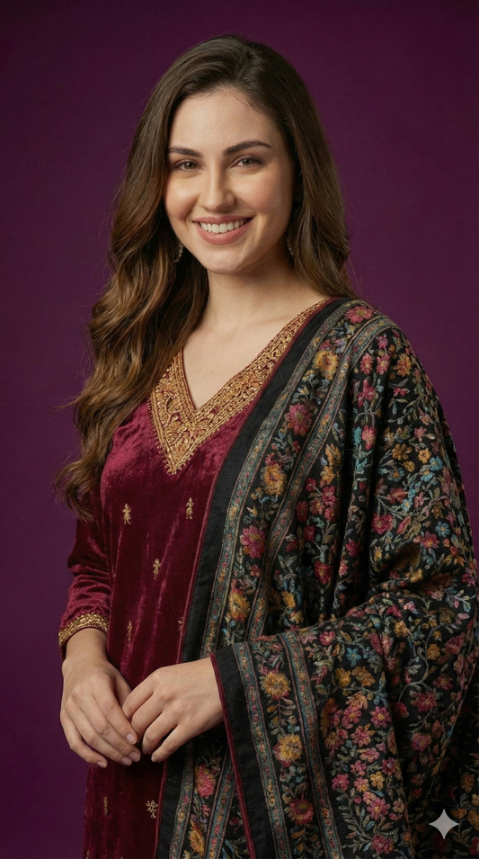 Burgundy V Neck Silk Kurta Set with Dupatta