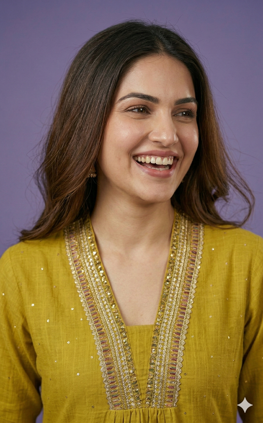Yellow Deep-V Cotton Kurta