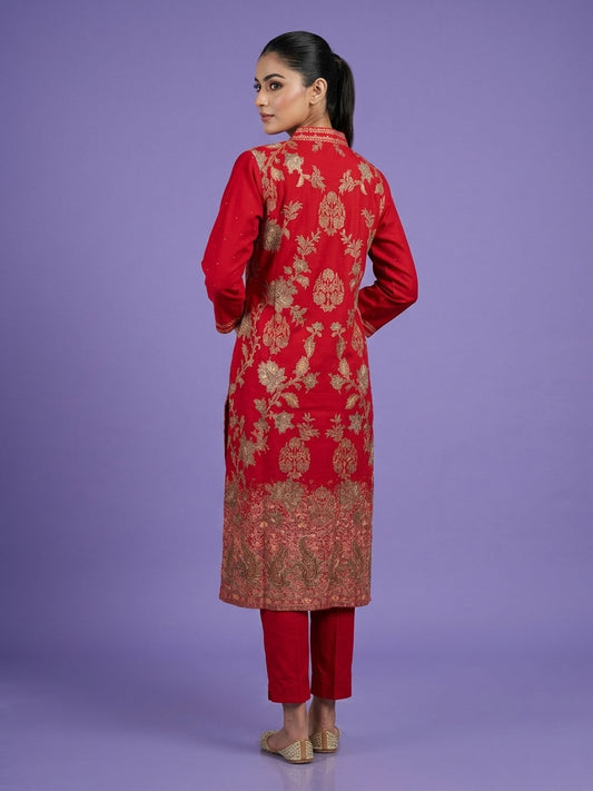 Red High V Neck Viscose Cord Set