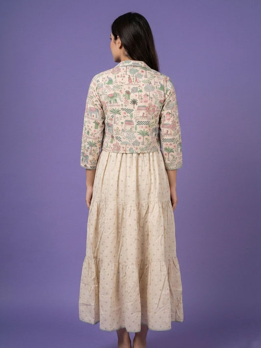 White Round Neck Cotton Linen Gown With Crop Jacket