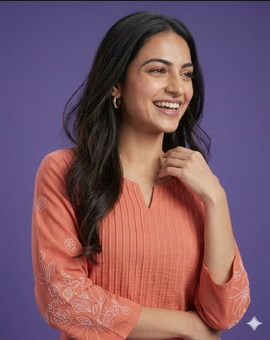 Orange Round V Neck Cotton Short Kurta