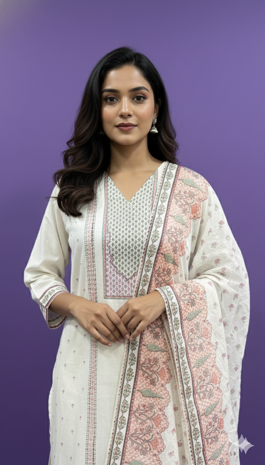 Ivory V Neck Cotton Kurta Set with Dupatta