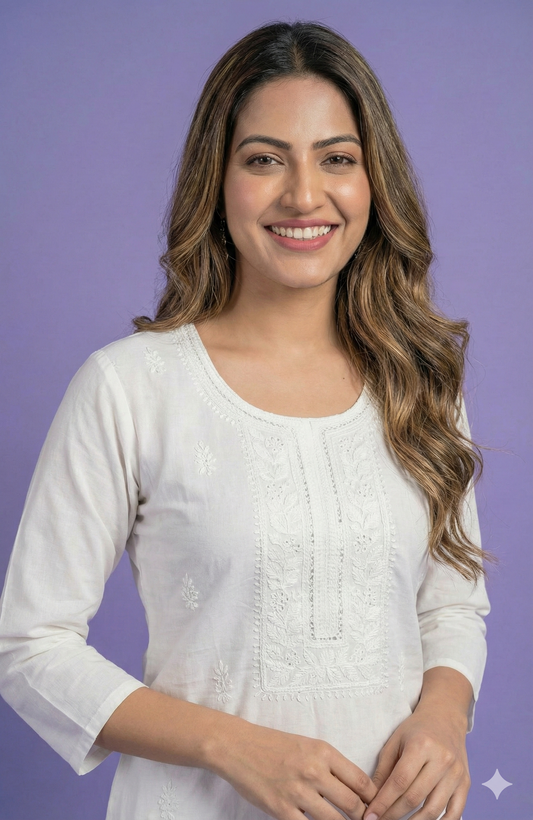 White Round Neck Silk Kurta