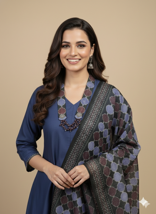 Purple V Neck Silk Kurta Set with Dupatta