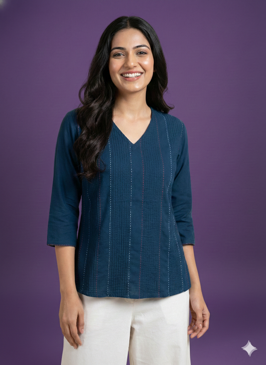 Blue V Neck Cotton Short Kurta