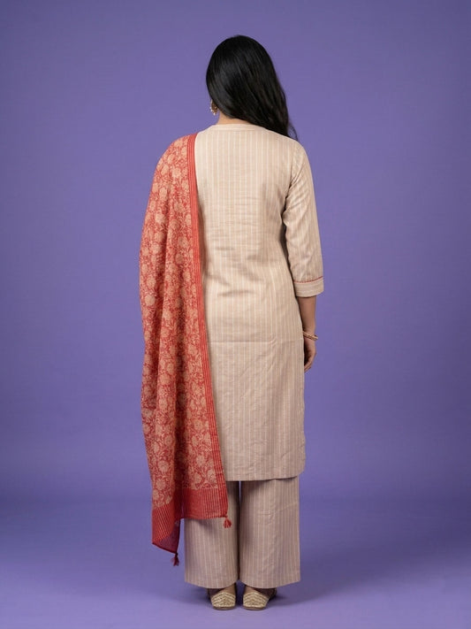 Beige Mandarin Neck Cotton Linen Kurta Set with Dupatta