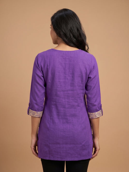 Lavender Round V Neck Cotton Short Kurta