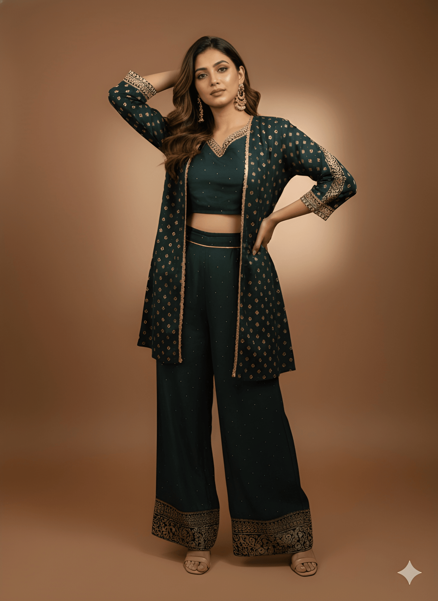 Green V Neck Silk 3PCS Set