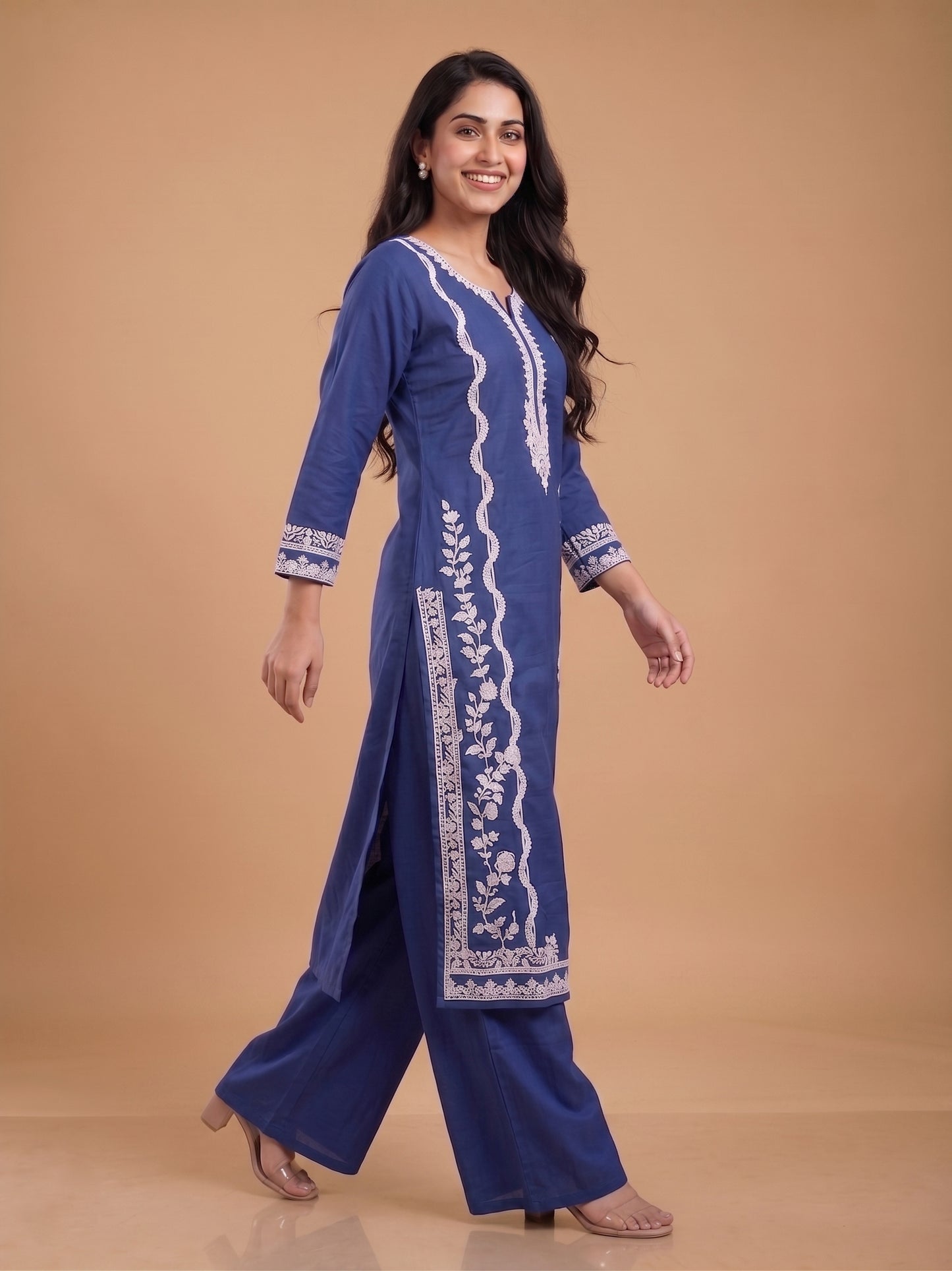 Kurta Set With White Work Embroidery - 100% Cotton