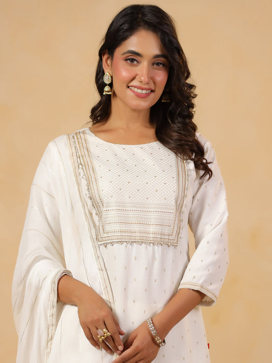 Span White Round Neck Rayon Kurta Set with Dupatta