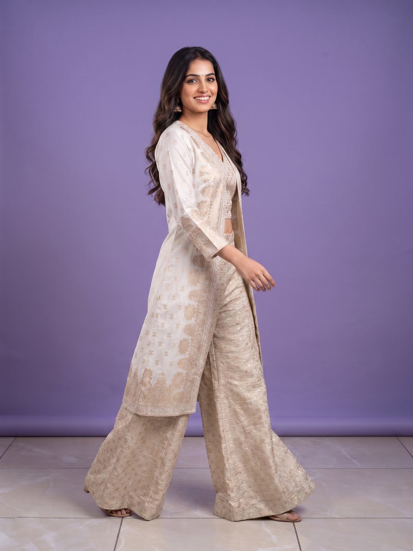 Crop Top, Palazzo & Open Front Jacquard Jacket Set