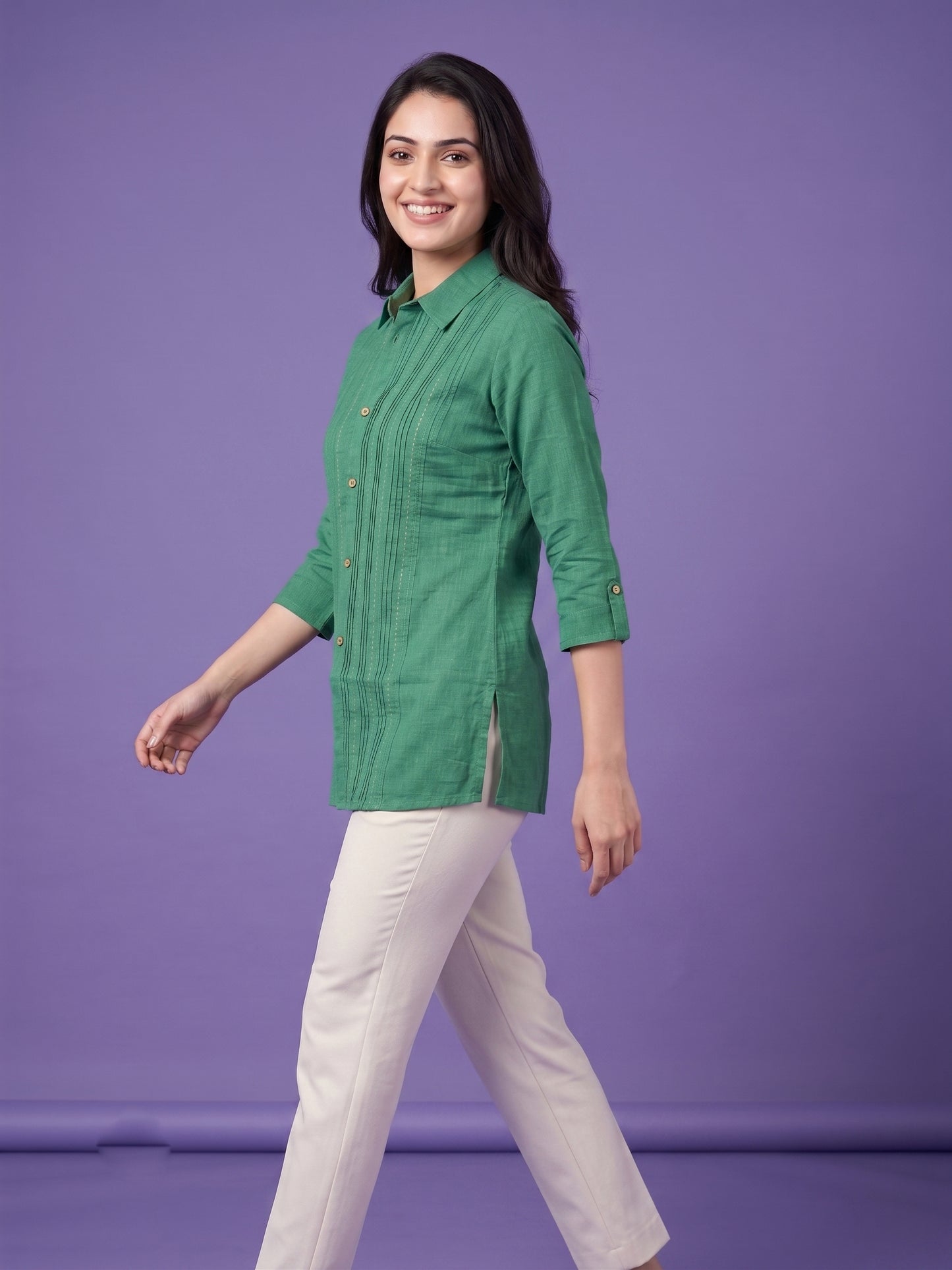 100% Cotton Pintuck Straight Tunics with Shirt Collar