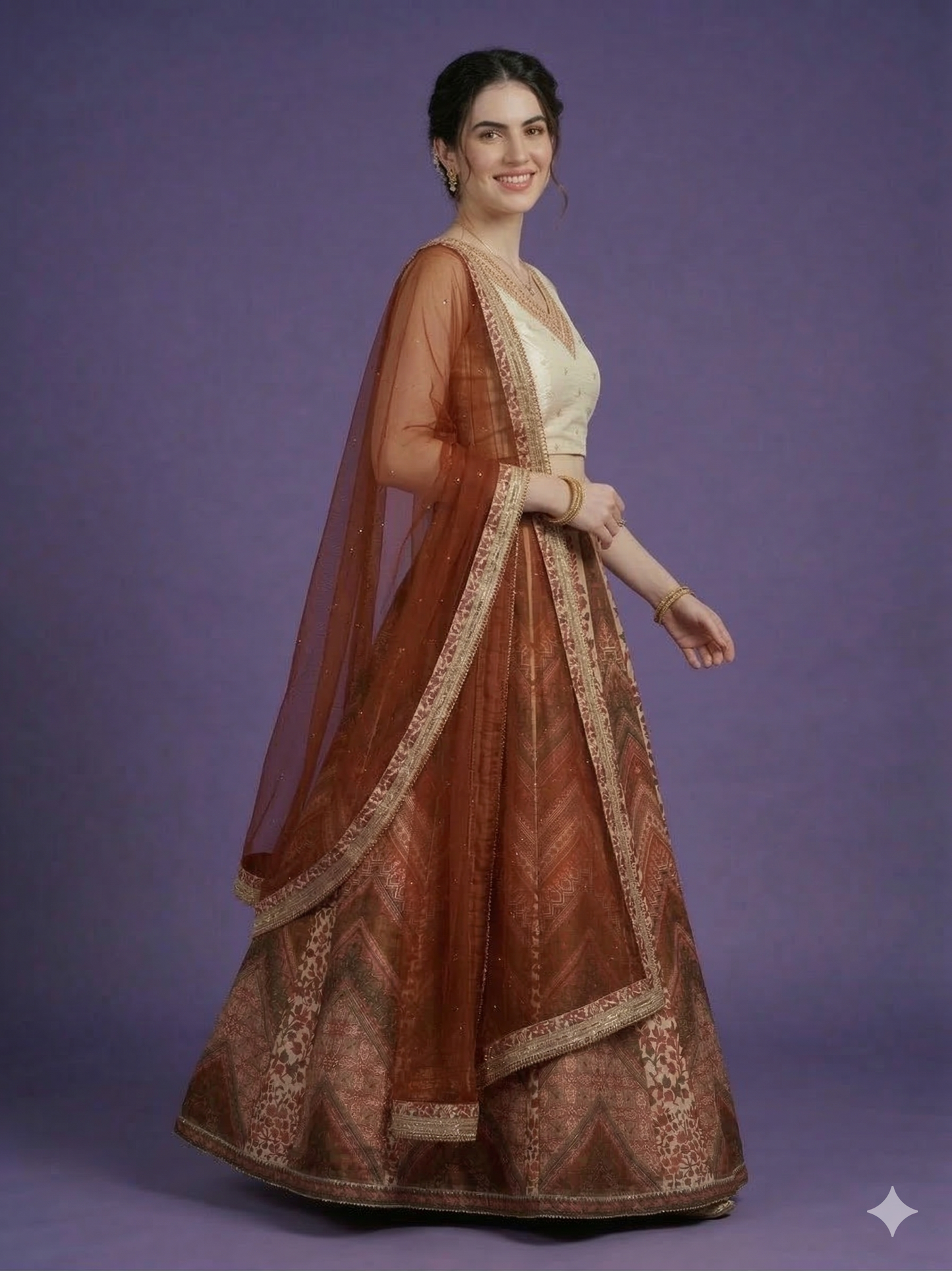 Shimmer Embroidered Crop Top, Printed Skirt & Embroidered Dupatta Set