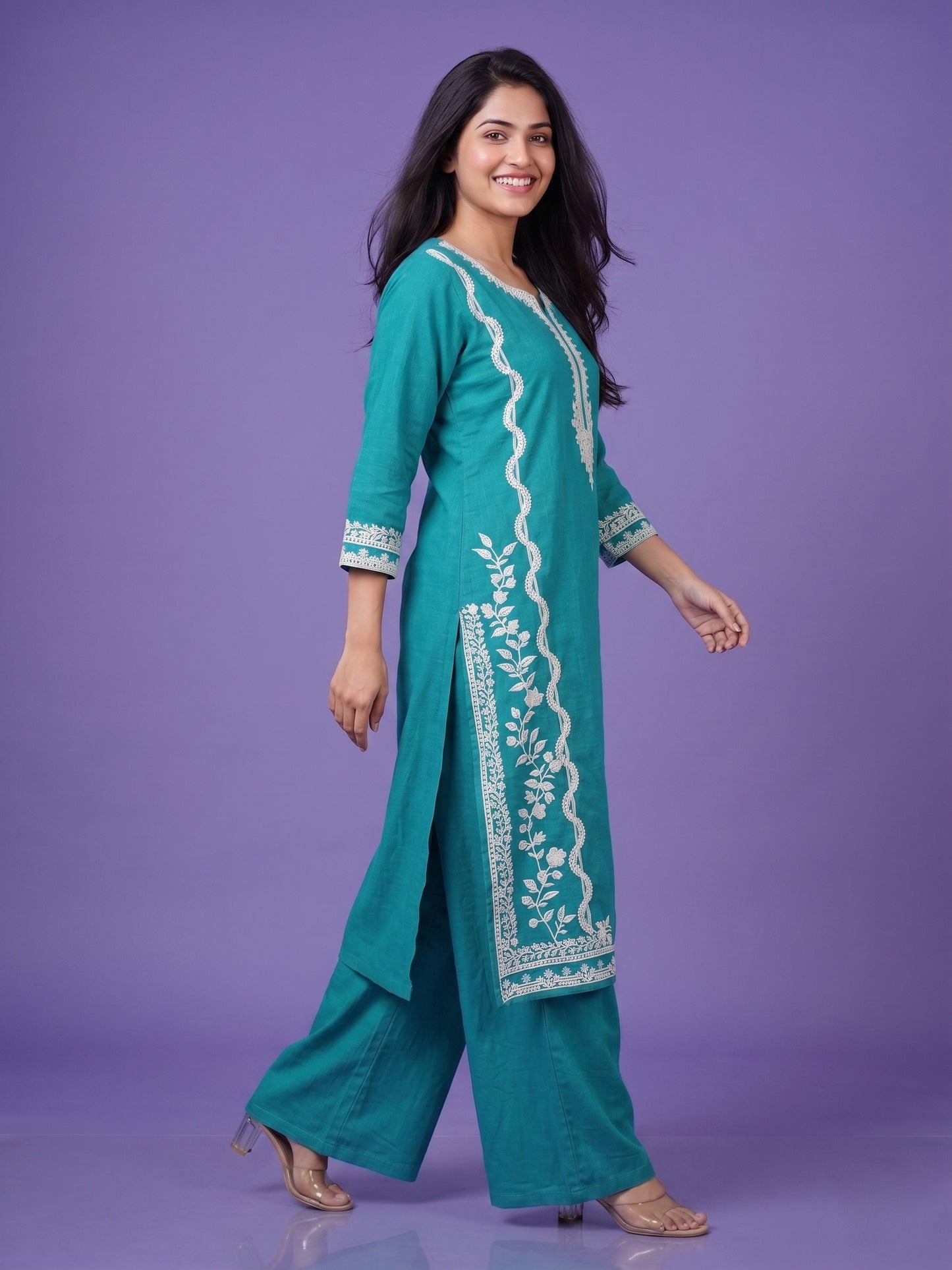 Kurta Set With White Work Embroidery - 100% Cotton