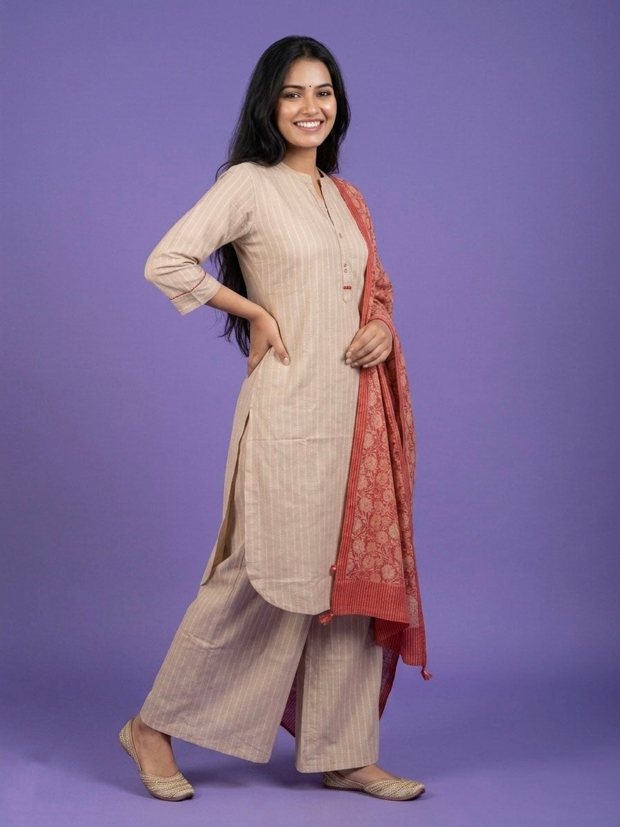 Woven Suit Set with Palazzo & Kota Dupatta - Cotton
