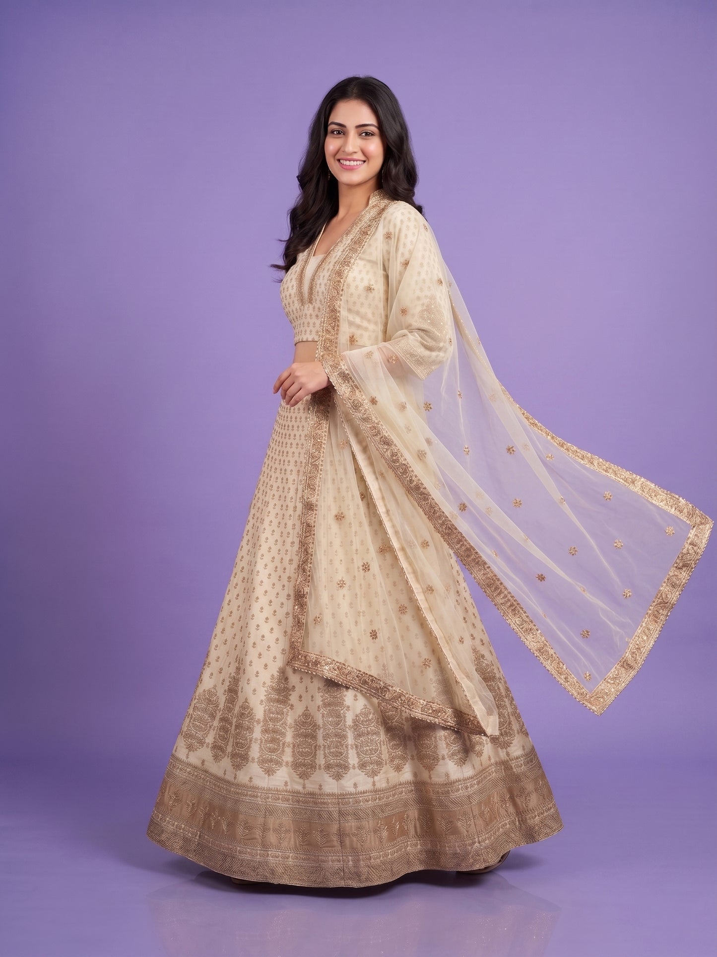 Ivory- Gold Silk Slub Lahenga Choli Set