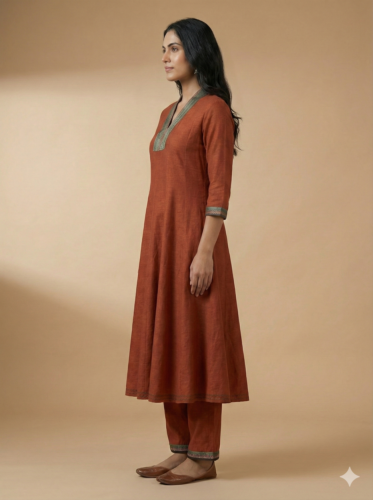 Brown V Neck Silk Kurta Set