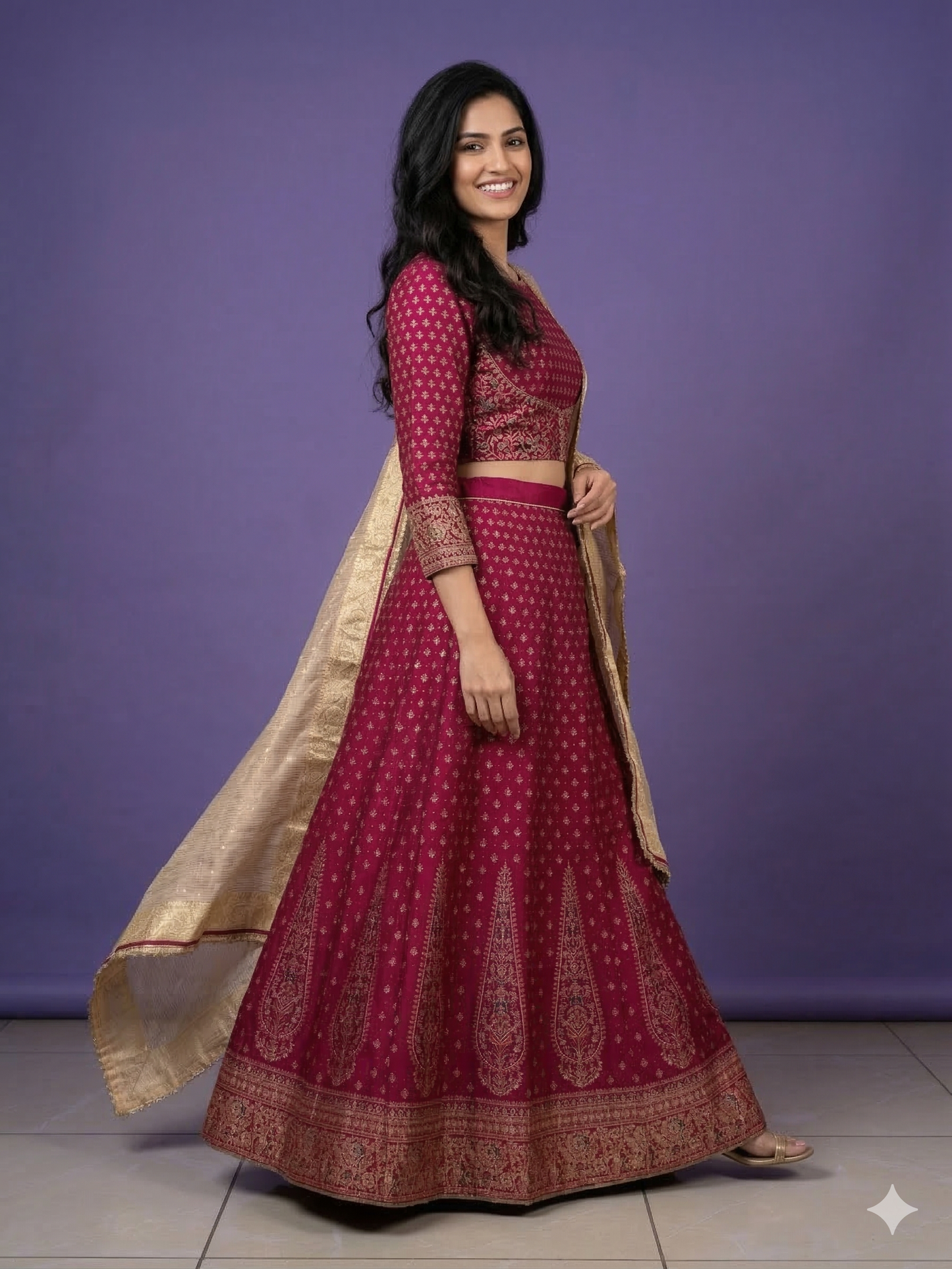 Embroidered Crop Top, Zari Print Skirt with Jacquard Woven Dupatta Set