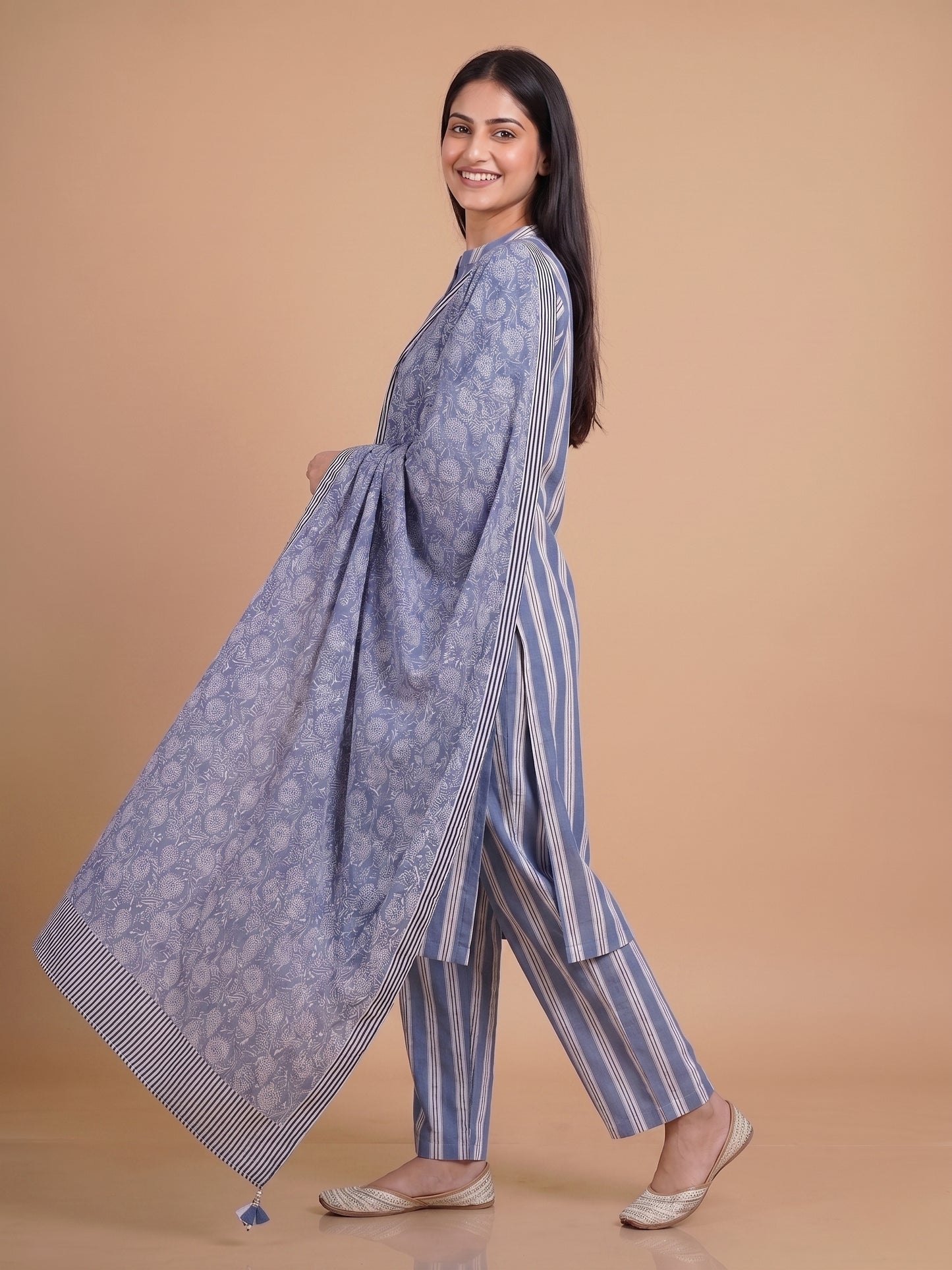 Woven Striped Suit Set with Pant & Kota Dupatta - Cotton
