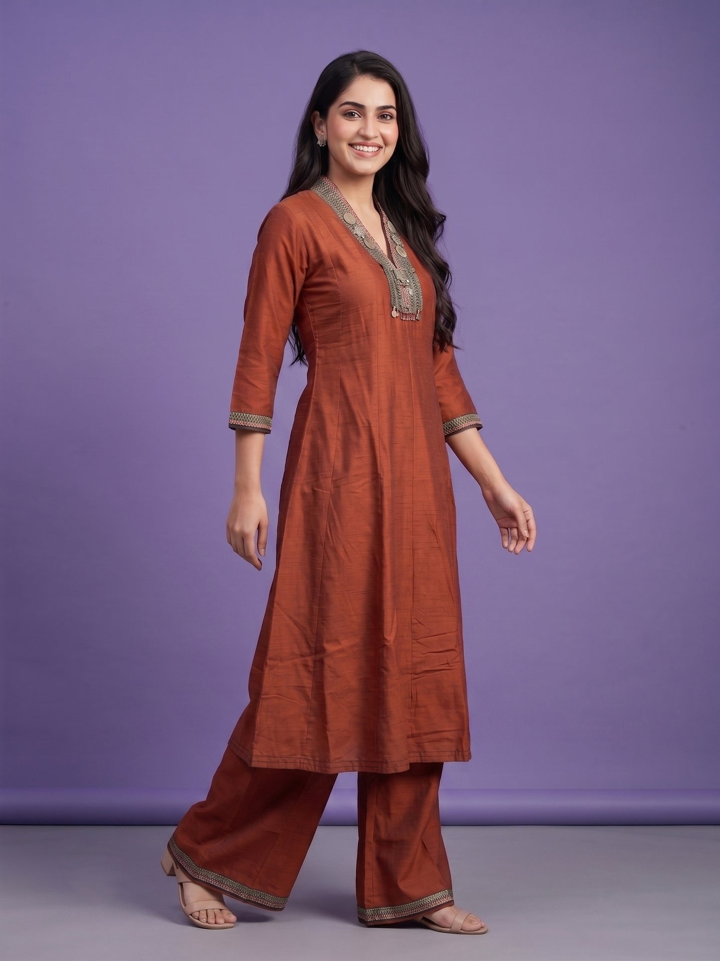 Kurta Set with Attached Jwellery - Silk Slub