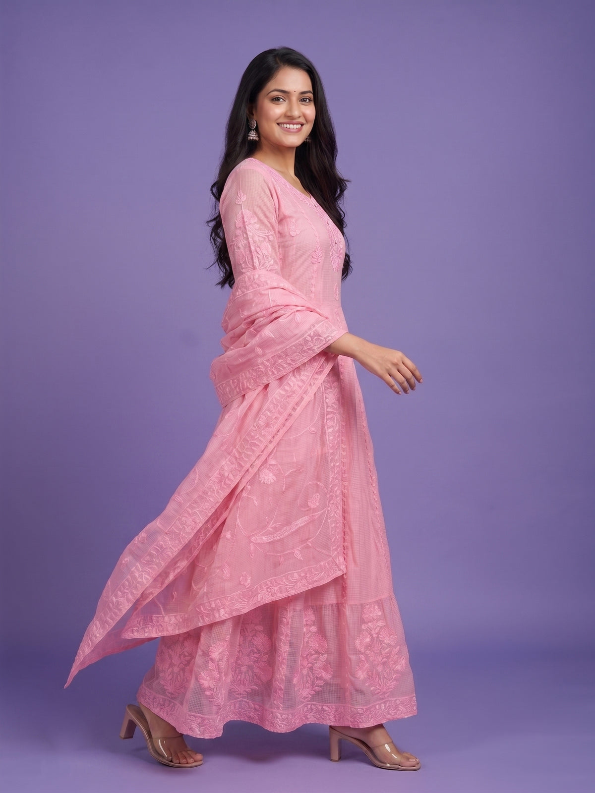 Kota Anarakali Suit Set With Self Doria Embroidery - 100% Cotton