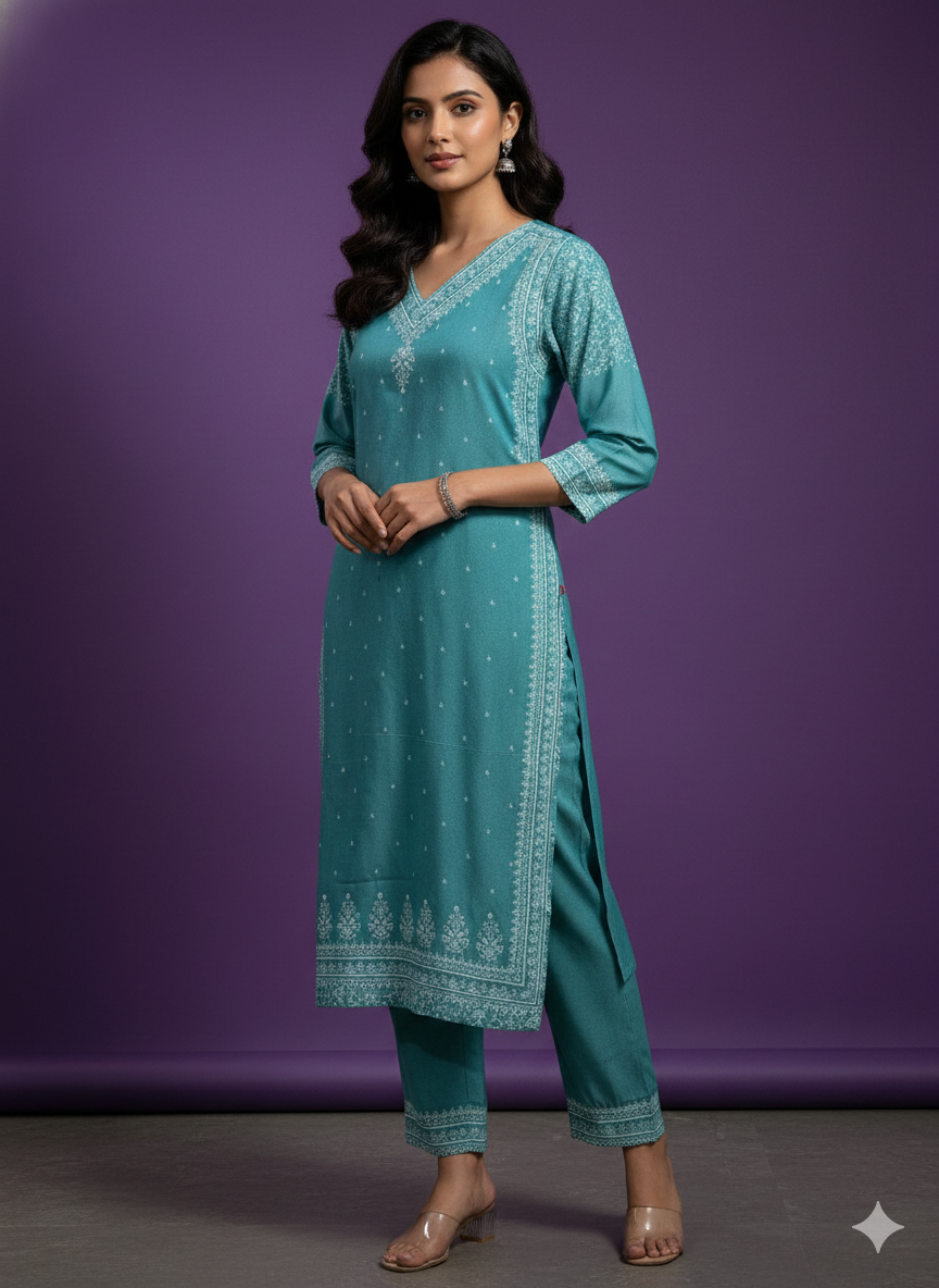 Green V neck Cotton Cord Set