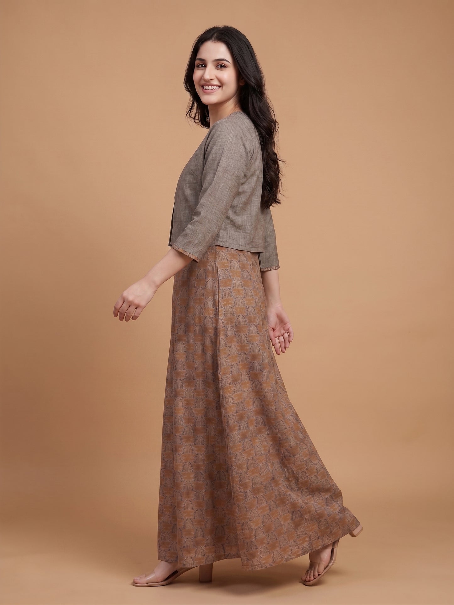 Grey Round Neck Cotton Naps Gown With Crop Jacket