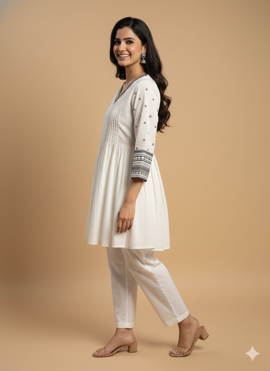 Ivory V neck Cotton Short Kurta
