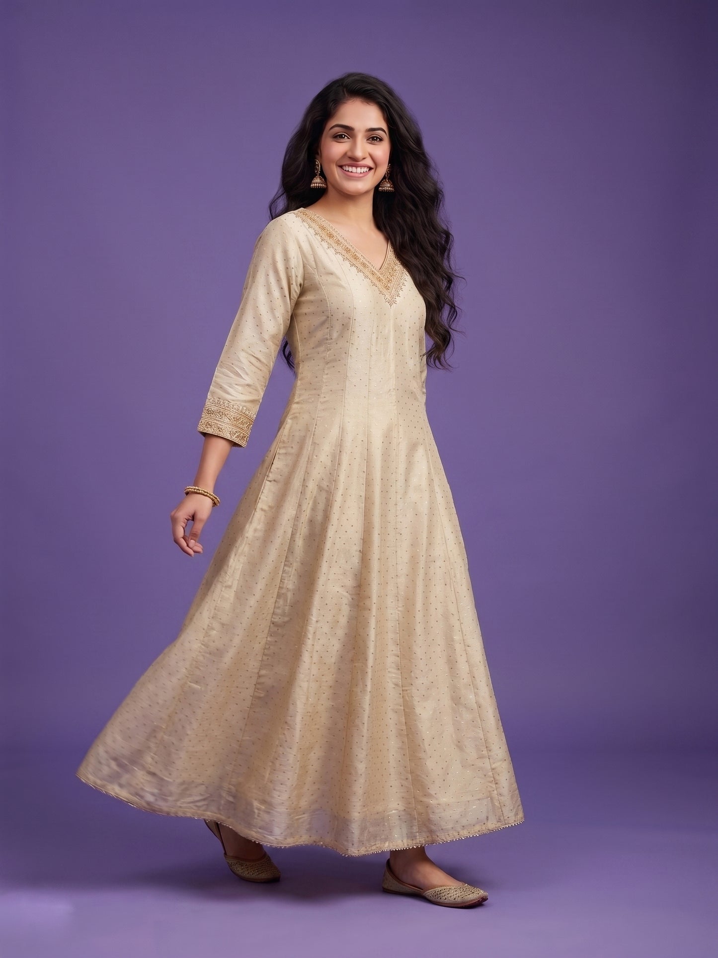 White V Neck Silk Gown With Dupatta