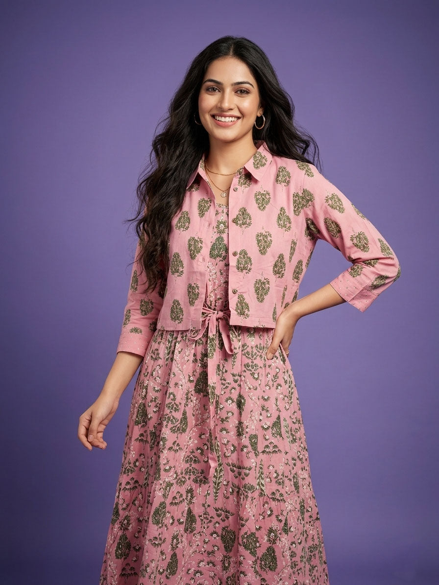 Pink Round Neck Cotton Kurta With Crop Jacket