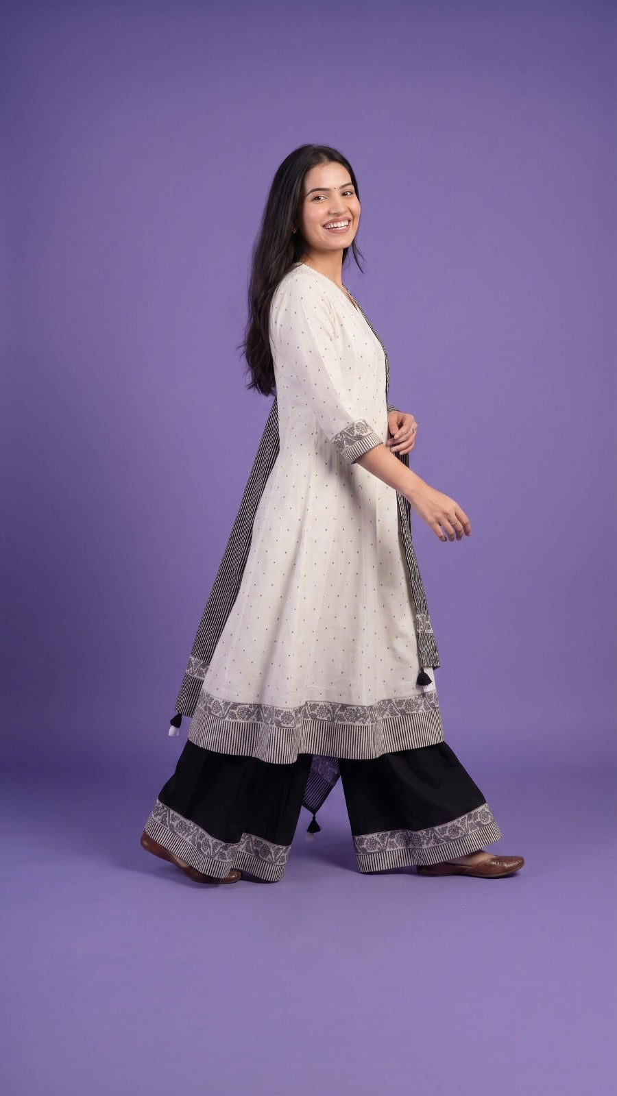 White V Neck Cotton Linen Kurta Set with Dupatta