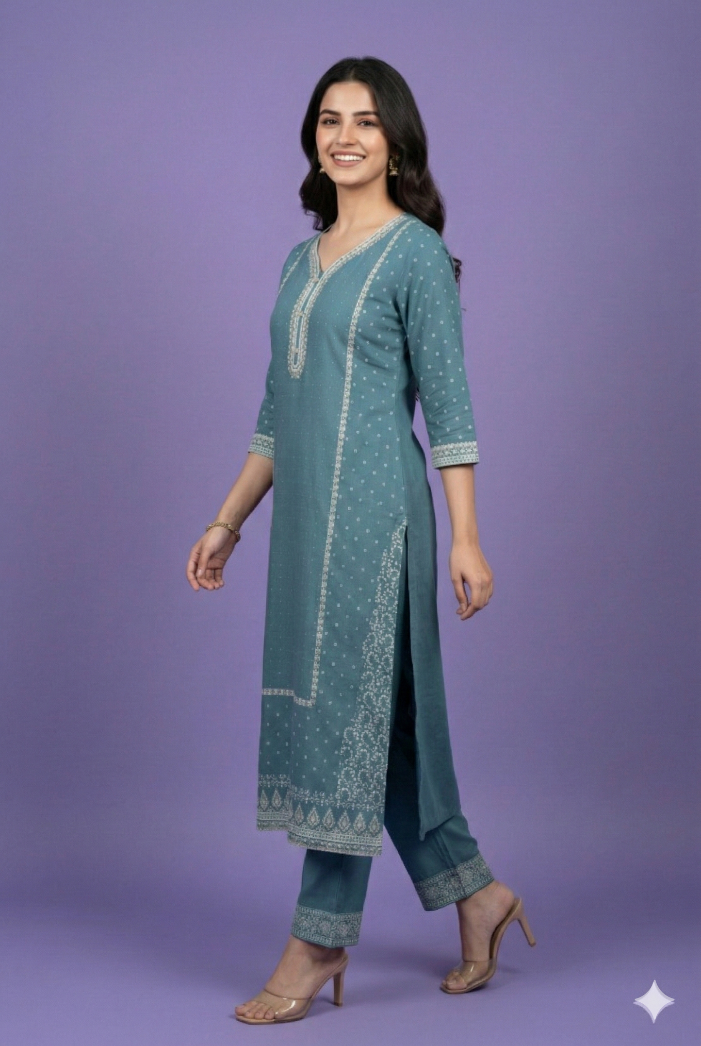 Blue V Neck Cotton Kurta