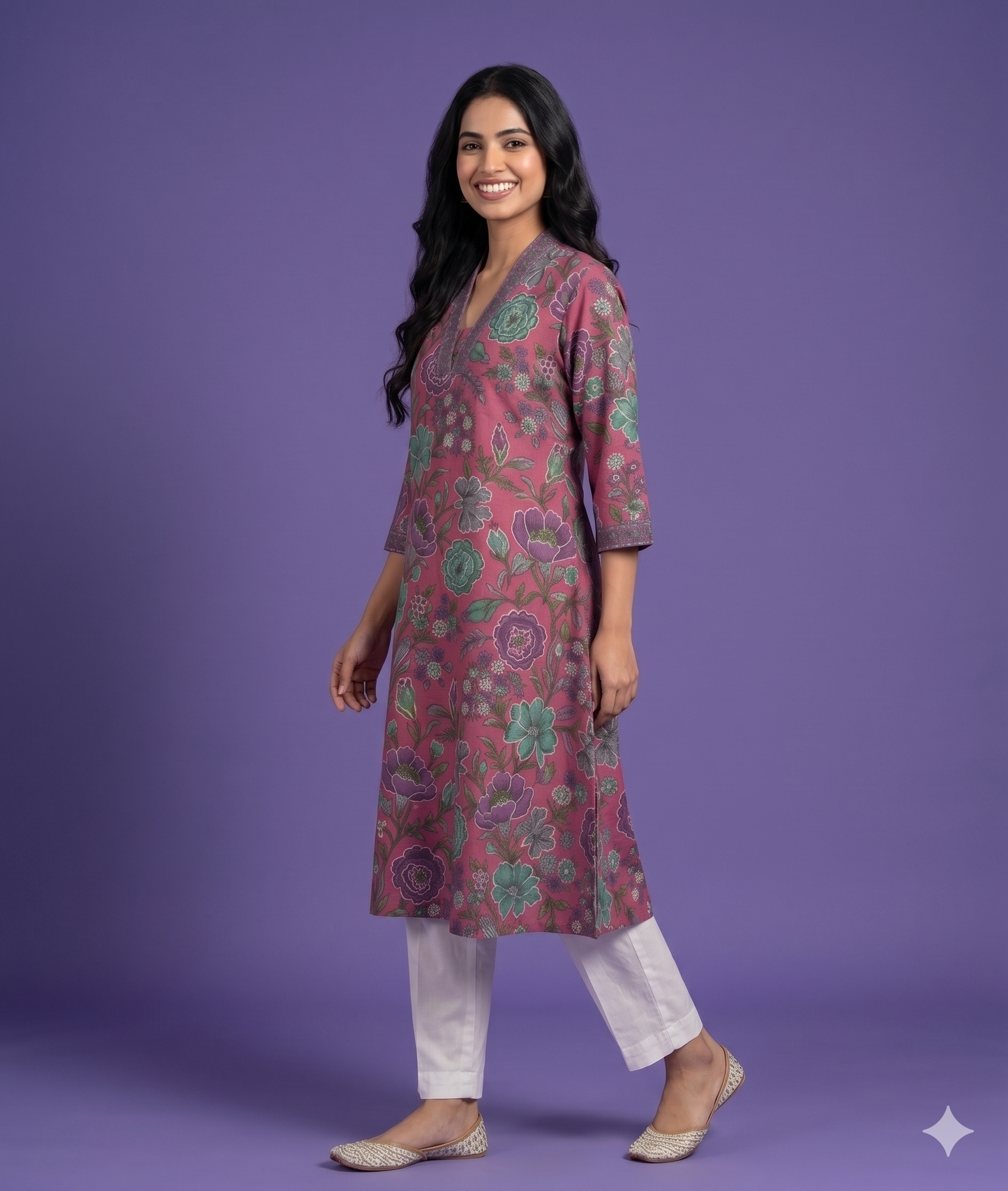 Pink Deep-V Cotton Kurta
